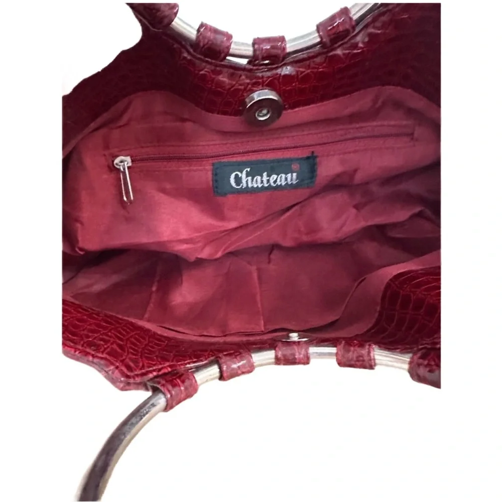 CHATEAU ~ Wine-Colored Croc Embossed Bag Silver Circular Handle Date Night
